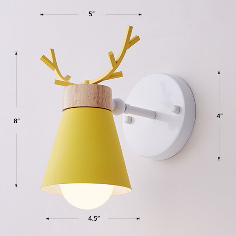 Lisslune | Rotating Cone Shade Wall Lamp Nordic Metal 1-Light Children's Room Reading Lamp with Antler Decor