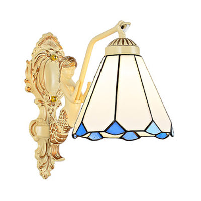 Lisslune | 1 Light Wall Sconce Baroque Dome/Cone Beige Glass Wall Mount Lighting with Leaf/Stone/Flower Pattern