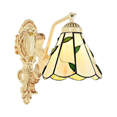 Lisslune | 1 Light Wall Sconce Baroque Dome/Cone Beige Glass Wall Mount Lighting with Leaf/Stone/Flower Pattern