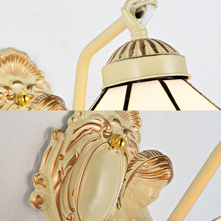 Lisslune | 1 Light Wall Sconce Baroque Dome/Cone Beige Glass Wall Mount Lighting with Leaf/Stone/Flower Pattern
