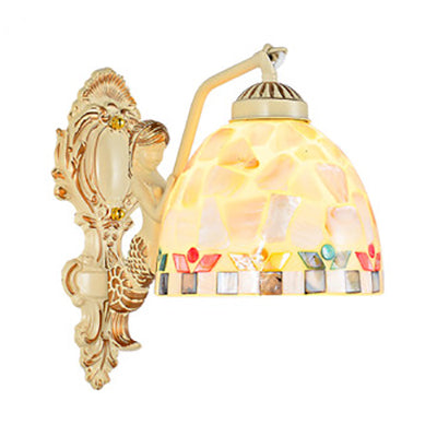 Skørter | Shell Dome Wall Mount Light with Flower/Square Pattern 1 Light Tiffany Mosaic Wall Lighting in Beige for Bedroom