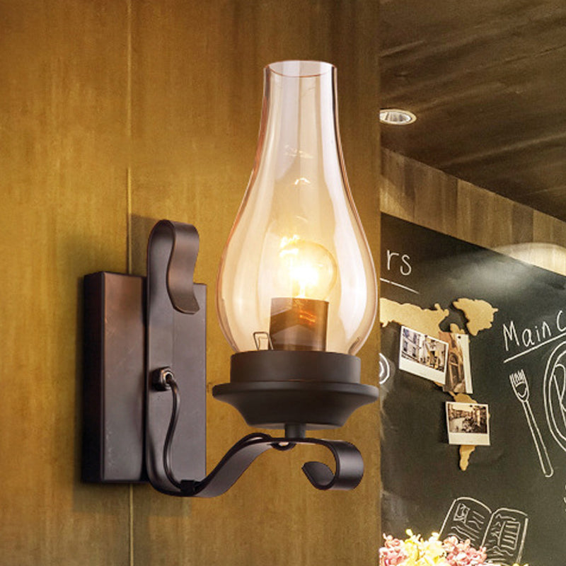 Skørter | Single Light Amber Glass Wall Lamp Vintage Style Matte Black Kerosene Living Room Wall Sconce with Curved Arm
