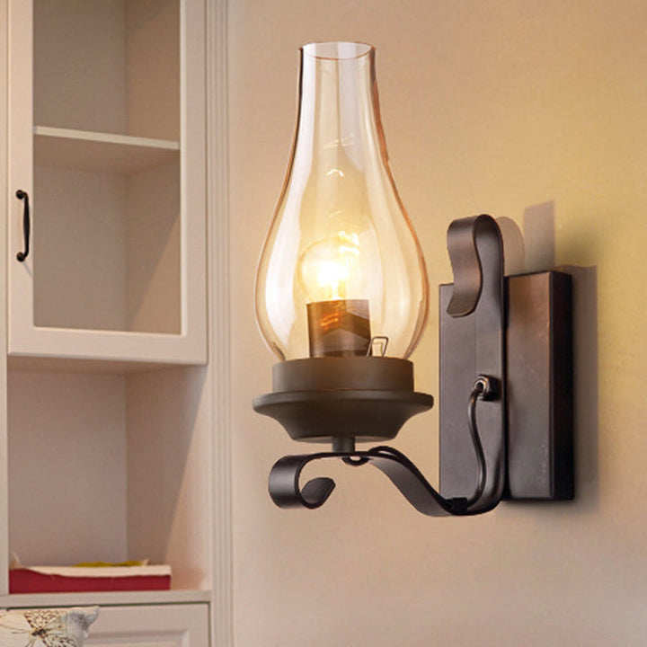 Skørter | Single Light Amber Glass Wall Lamp Vintage Style Matte Black Kerosene Living Room Wall Sconce with Curved Arm