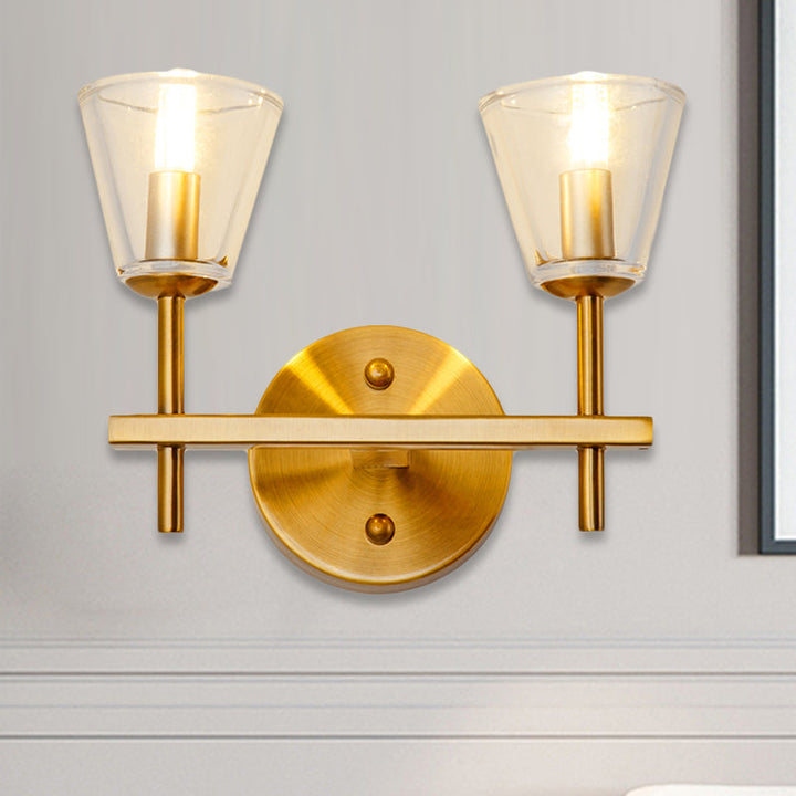 Skørter | 1/2-Light Clear Glass Wall Lamp Modern Style Golden Cone Bedroom Wall Light with Sleek Arm