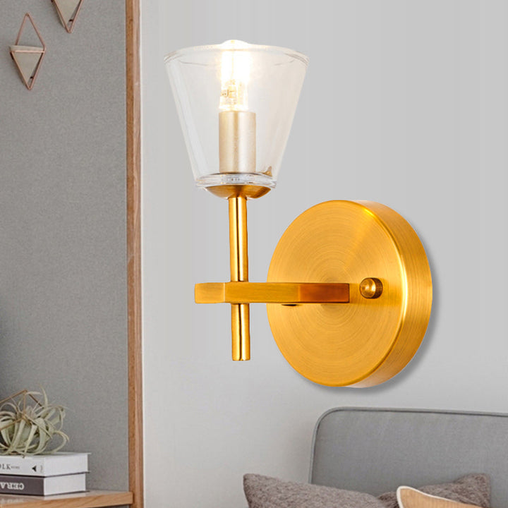 Skørter | 1/2-Light Clear Glass Wall Lamp Modern Style Golden Cone Bedroom Wall Light with Sleek Arm