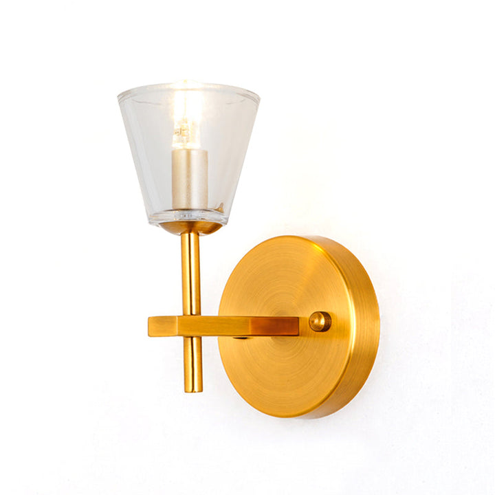 Skørter | 1/2-Light Clear Glass Wall Lamp Modern Style Golden Cone Bedroom Wall Light with Sleek Arm
