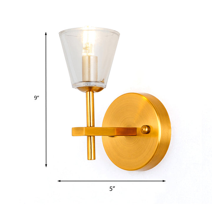 Skørter | 1/2-Light Clear Glass Wall Lamp Modern Style Golden Cone Bedroom Wall Light with Sleek Arm