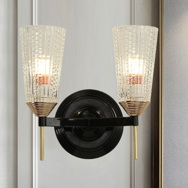 Skørter | 1/2-Light Wall Lamp Traditional Conical Clear Textured Glass Wall Lamp in Black for Hall