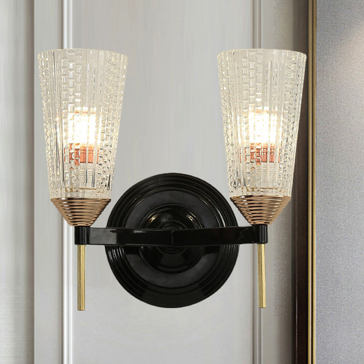 Skørter | 1/2-Light Wall Lamp Traditional Conical Clear Textured Glass Wall Lamp in Black for Hall