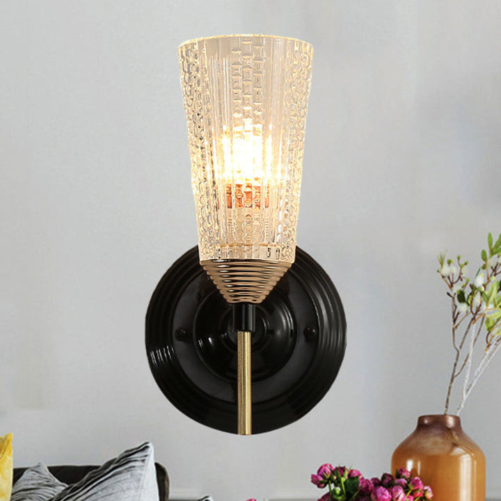 Skørter | 1/2-Light Wall Lamp Traditional Conical Clear Textured Glass Wall Lamp in Black for Hall