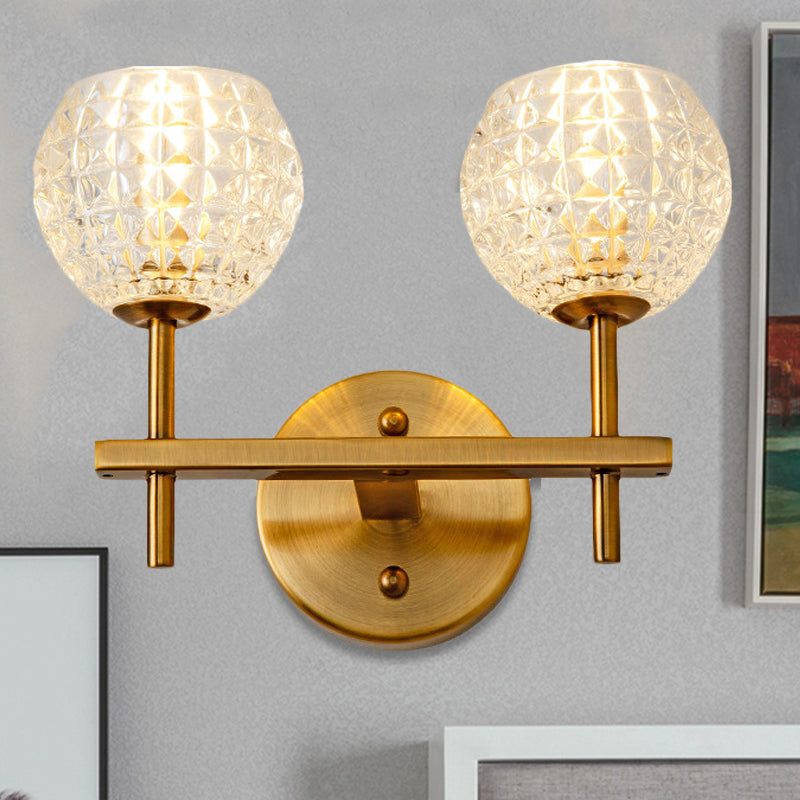 Skørter | 1/2-Light Wall Lamp Modern Orb Clear Glass Grid Wall Lamp with Straight Arm in Gold for Hallway