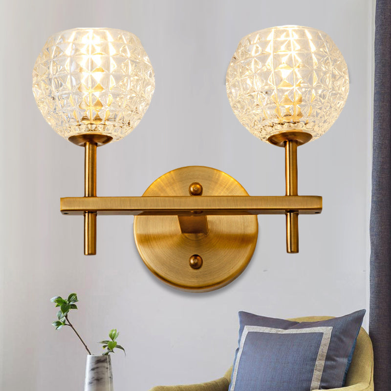 Skørter | 1/2-Light Wall Lamp Modern Orb Clear Glass Grid Wall Lamp with Straight Arm in Gold for Hallway