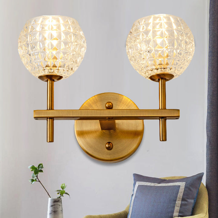 Skørter | 1/2-Light Wall Lamp Modern Orb Clear Glass Grid Wall Lamp with Straight Arm in Gold for Hallway