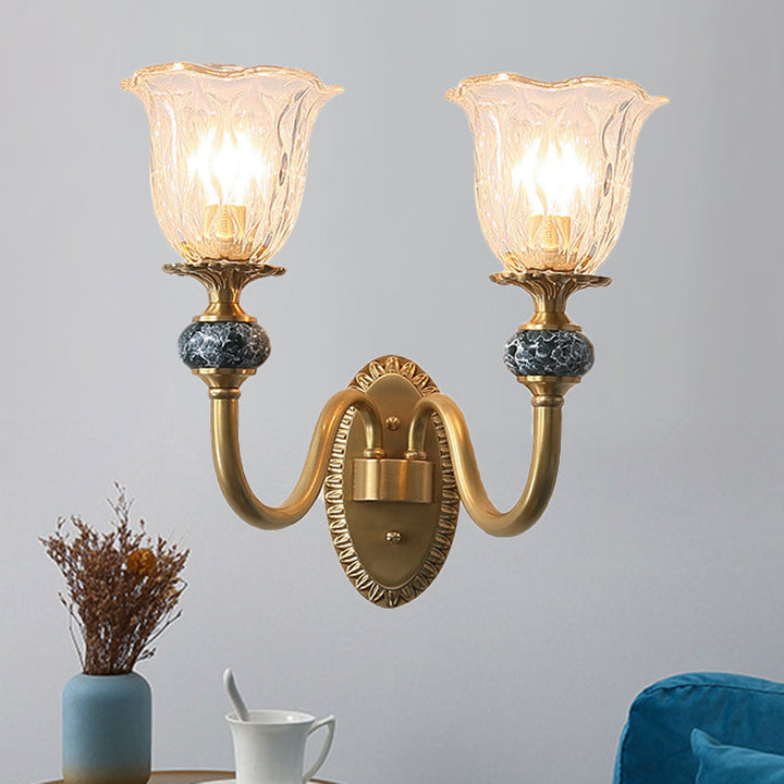 Skørter | Floral Bedroom Wall Lamp Antique Clear Glass 1/2 Lights Golden Wall Lamp with Curved Arm
