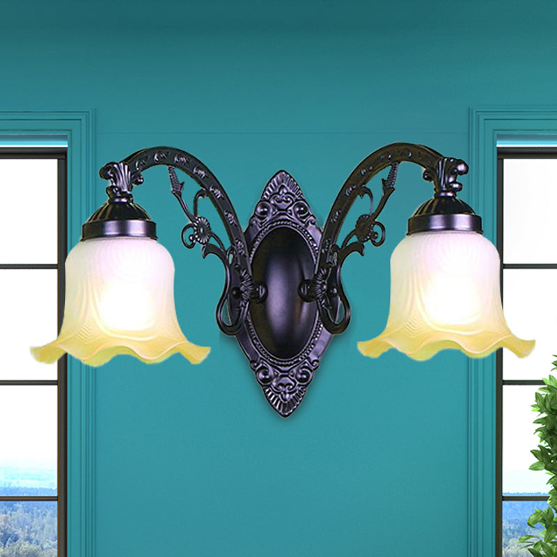 Skørter | Floral Bedroom Wall Lighting Retro Milk Glass 1/2 Lights Black Wall Lamp with Metal Curved Arm