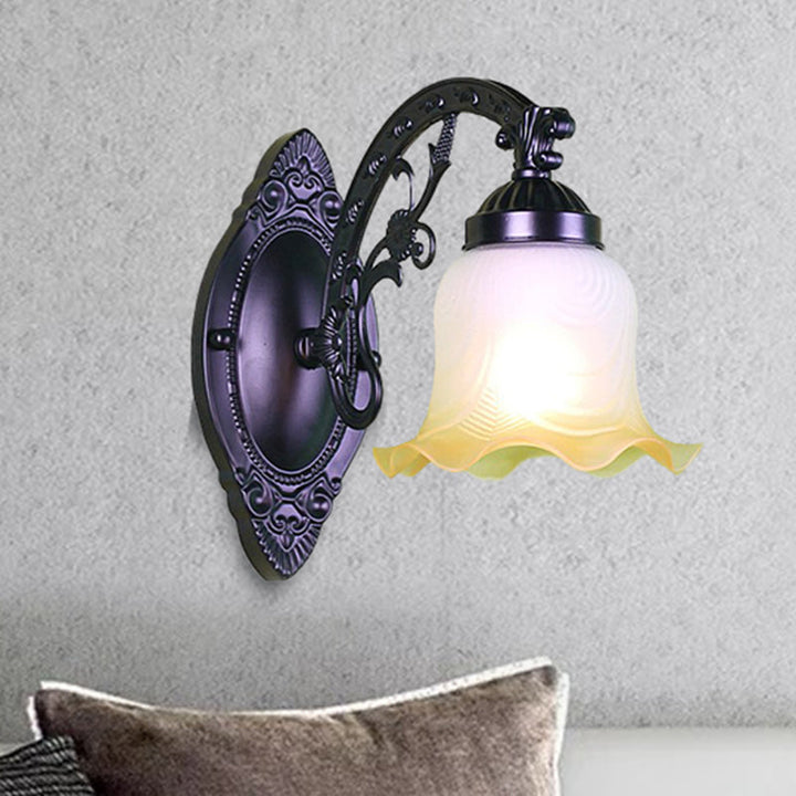 Skørter | Floral Bedroom Wall Lighting Retro Milk Glass 1/2 Lights Black Wall Lamp with Metal Curved Arm