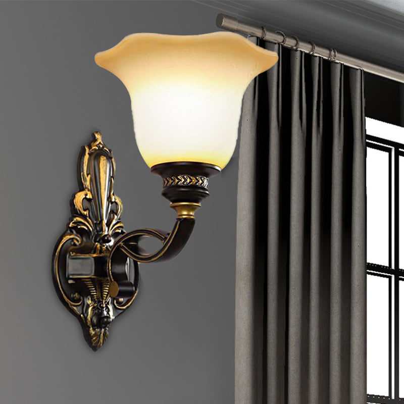 Skørter | Black Blossom Wall Mounted Lamp Traditional White Glass Shade 1/2-Light Bedroom Wall Sconce with Metal Curved Arm