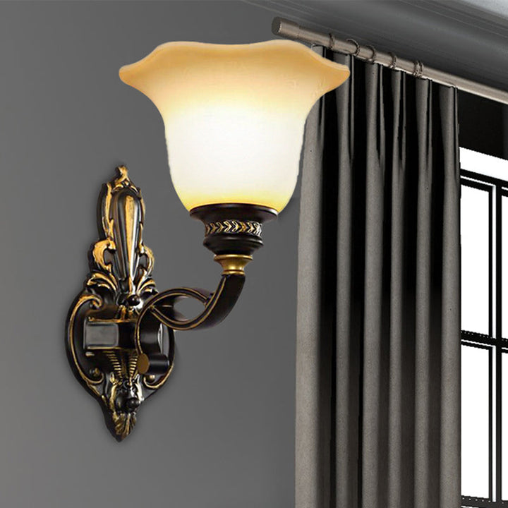 Skørter | Black Blossom Wall Mounted Lamp Traditional White Glass Shade 1/2-Light Bedroom Wall Sconce with Metal Curved Arm