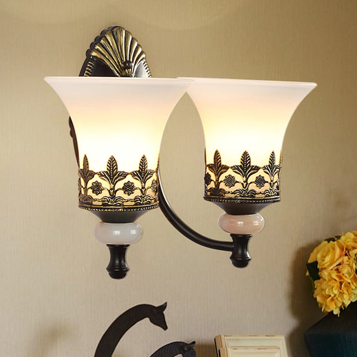Skørter | Black Bell Wall Lamp Traditional White Glass Shade 1/2-Light Bedroom Wall Light with Metallic Curved Arm