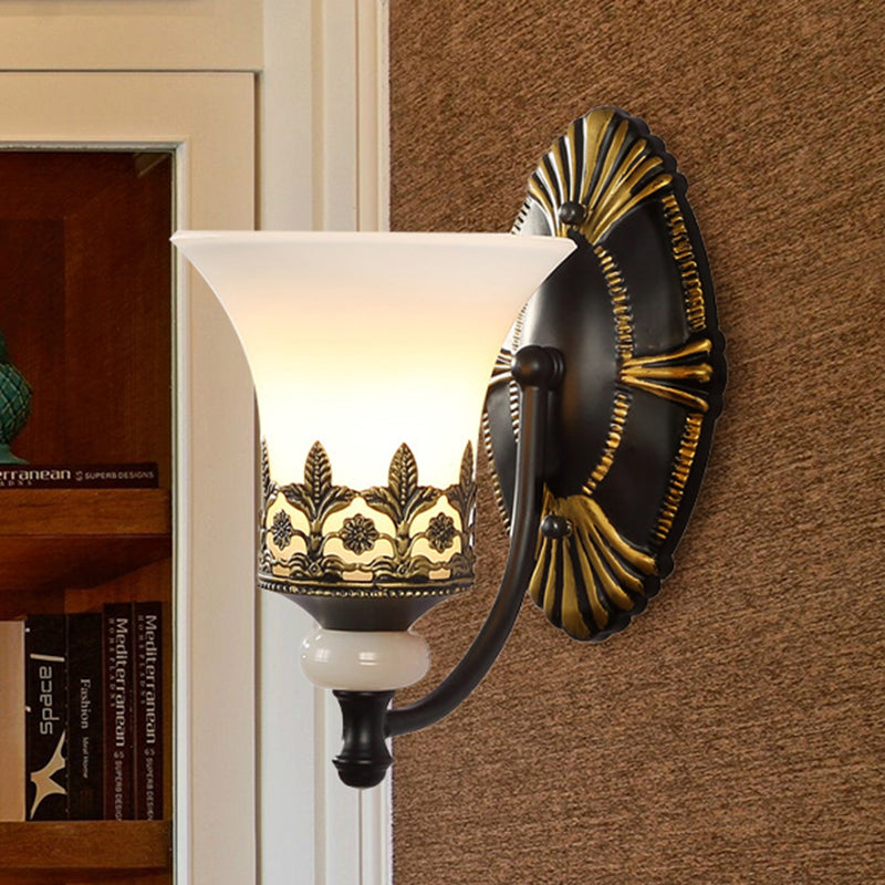 Skørter | Black Bell Wall Lamp Traditional White Glass Shade 1/2-Light Bedroom Wall Light with Metallic Curved Arm