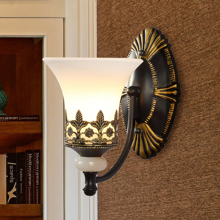 Skørter | Black Bell Wall Lamp Traditional White Glass Shade 1/2-Light Bedroom Wall Light with Metallic Curved Arm