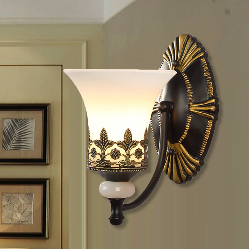 Skørter | Black Bell Wall Lamp Traditional White Glass Shade 1/2-Light Bedroom Wall Light with Metallic Curved Arm
