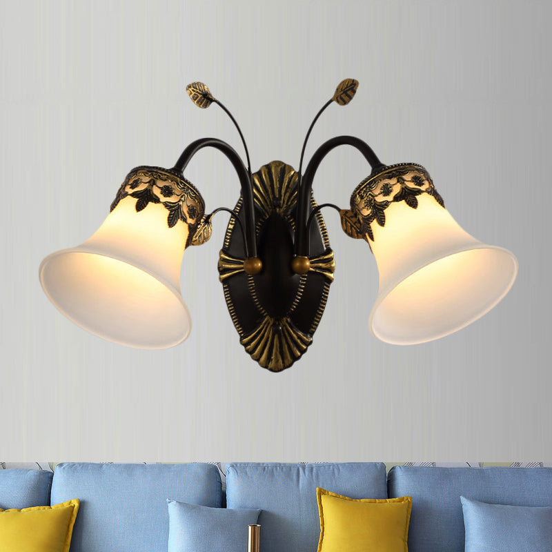 Skørter | Frosted Glass Black Wall Lamp Bell 1/2-Light Vintage Wall Mount Lighting with Curved Arm for Entrance