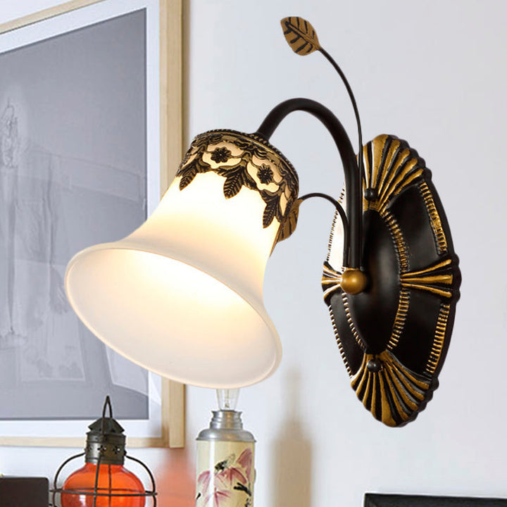Skørter | Frosted Glass Black Wall Lamp Bell 1/2-Light Vintage Wall Mount Lighting with Curved Arm for Entrance