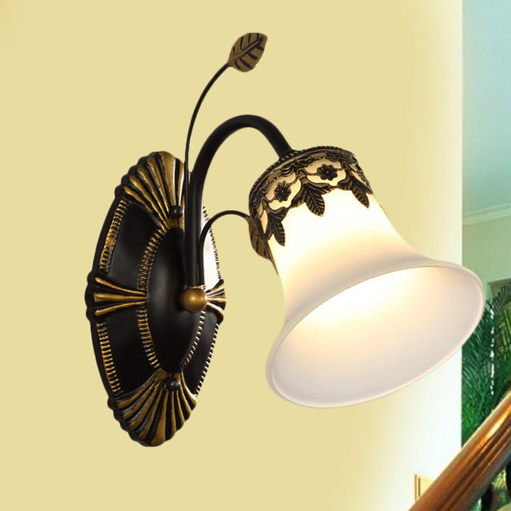 Skørter | Frosted Glass Black Wall Lamp Bell 1/2-Light Vintage Wall Mount Lighting with Curved Arm for Entrance