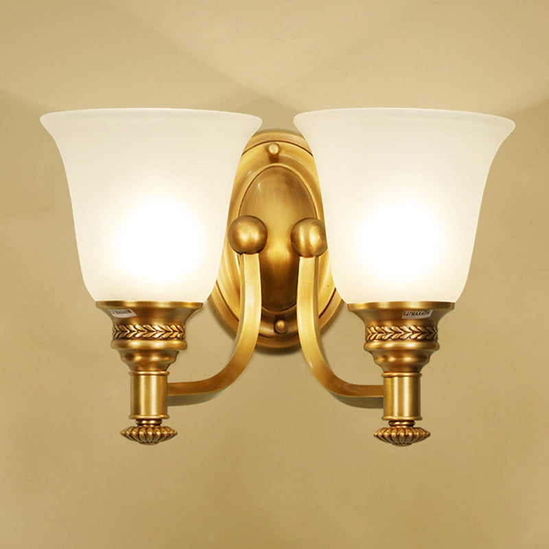 Skørter | Brass Bell Wall-Mounted Light Traditional White Glass Shade 1/2-Light Bedroom Wall Sconce with Metal Curved Arm