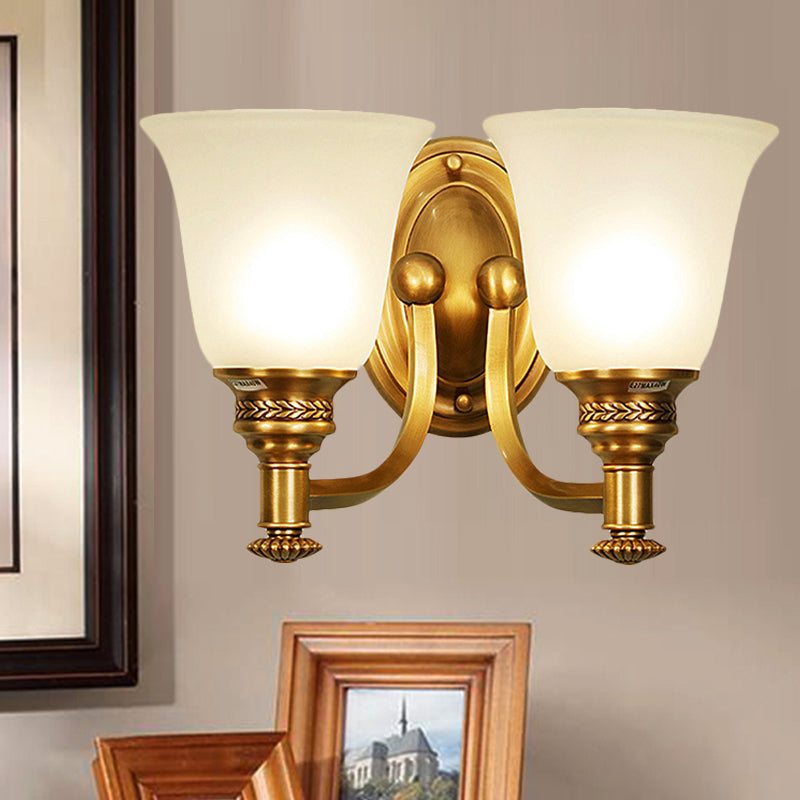 Skørter | Brass Bell Wall-Mounted Light Traditional White Glass Shade 1/2-Light Bedroom Wall Sconce with Metal Curved Arm