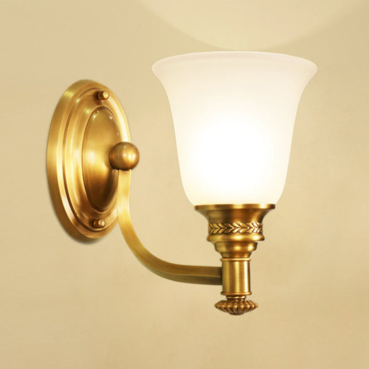 Skørter | Brass Bell Wall-Mounted Light Traditional White Glass Shade 1/2-Light Bedroom Wall Sconce with Metal Curved Arm