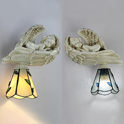 Lisslune | Leaf wall lighting with resin sleeping angel country house style stained glass 1-head wall lamp light in clear/beige