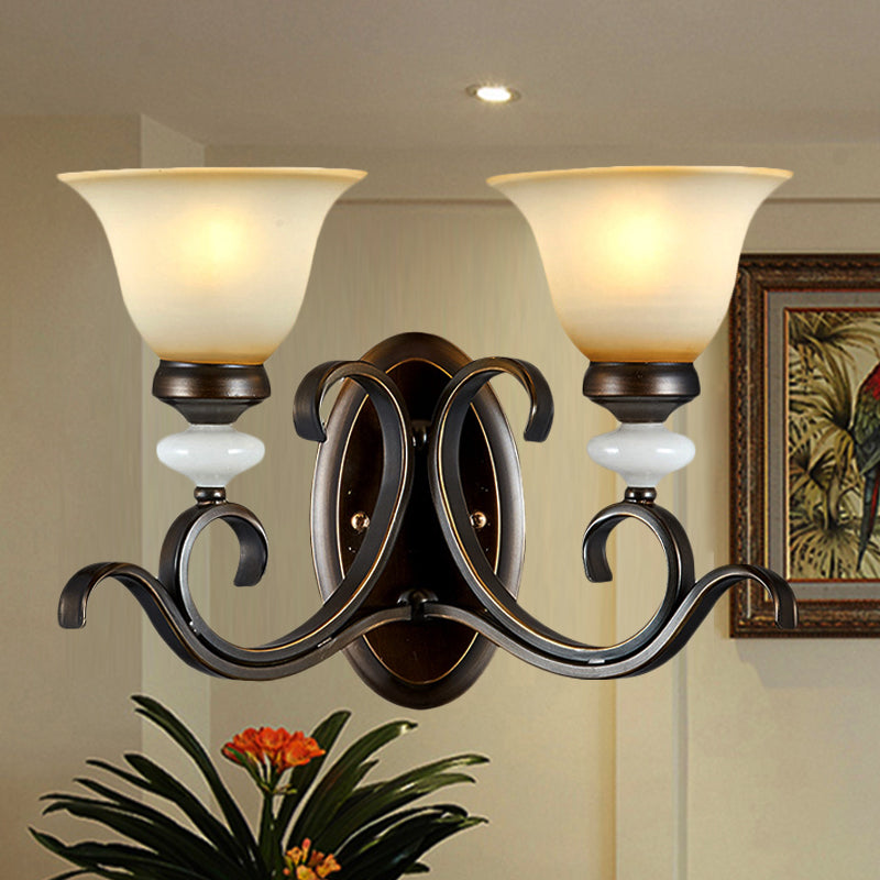 Skørter | 1/2-Light Bell Wall Lamp Antique Style Black Frosted Glass Wall Light with Curved Arm for Bedroom