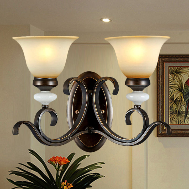 Skørter | 1/2-Light Bell Wall Lamp Antique Style Black Frosted Glass Wall Light with Curved Arm for Bedroom