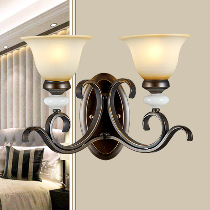 Skørter | 1/2-Light Bell Wall Lamp Antique Style Black Frosted Glass Wall Light with Curved Arm for Bedroom