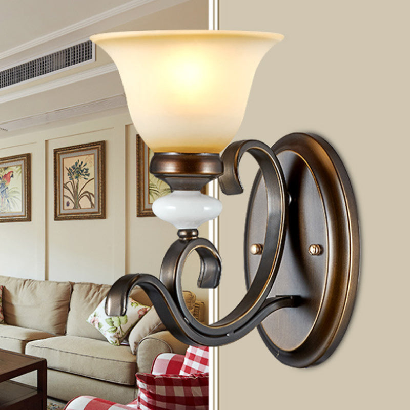 Skørter | 1/2-Light Bell Wall Lamp Antique Style Black Frosted Glass Wall Light with Curved Arm for Bedroom