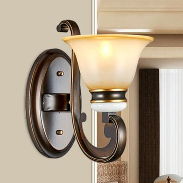 Skørter | 1/2-Light Bell Wall Lamp Antique Style Black Frosted Glass Wall Light with Curved Arm for Bedroom