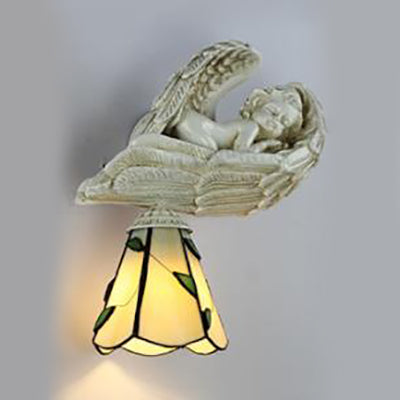 Lisslune | Leaf wall lighting with resin sleeping angel country house style stained glass 1-head wall lamp light in clear/beige