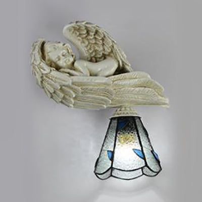 Lisslune | Leaf wall lighting with resin sleeping angel country house style stained glass 1-head wall lamp light in clear/beige