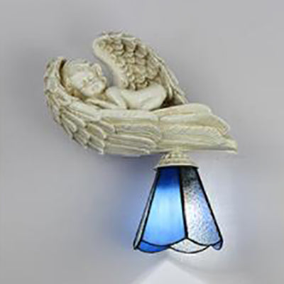 Lisslune | Country Loft Angel Wall Lamp with Conical Shade 1 Light Resin Bedroom Lighting in White/Blue