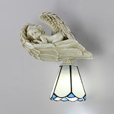 Lisslune | Country Loft Angel Wall Lamp with Conical Shade 1 Light Resin Bedroom Lighting in White/Blue