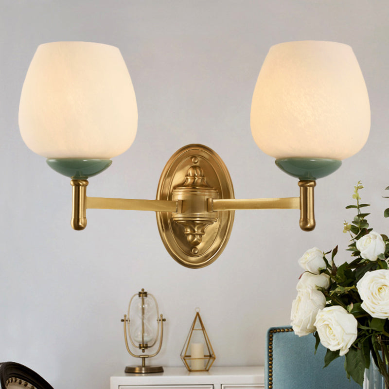Skørter | Opal Glass Tapered Wall Lamp Modern 1/2-Light Wall Mounted Lighting Fixture with Porcelain Shade in Gold