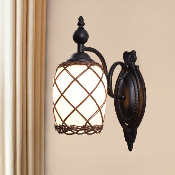 Skørter | Cylinder Cream Glass Wall Lamp Traditional 1 Light Bedroom Wall Lamp with Bamboo Fabric Shade in Black