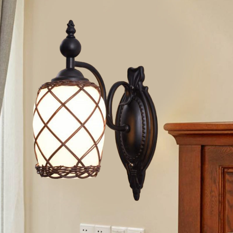 Skørter | Cylinder Cream Glass Wall Lamp Traditional 1 Light Bedroom Wall Lamp with Bamboo Fabric Shade in Black