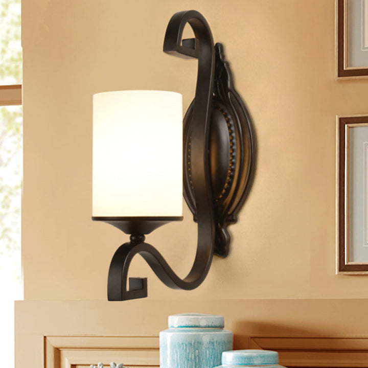 Skørter | Black cylindrical wall lamp vintage style metal 1-light study wall lamp with white glass shade