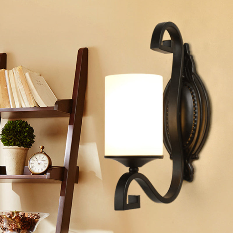 Skørter | Black cylindrical wall lamp vintage style metal 1-light study wall lamp with white glass shade