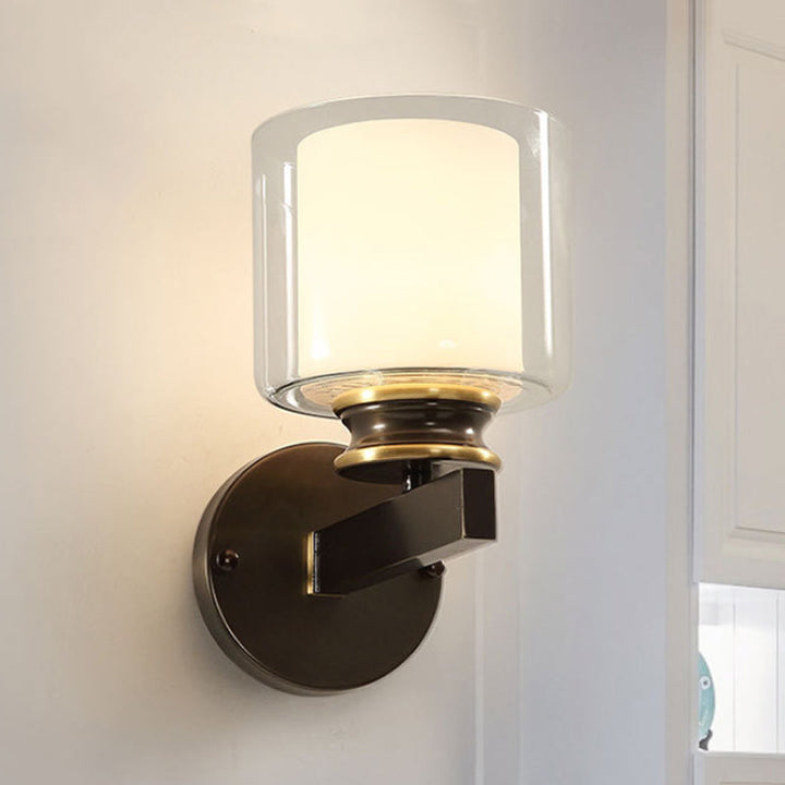 Skørter | Black 1-Light Wall Mounted Fixture Traditional Metal Cylinder Wall Light with Double-Tier Glass Shade for Bedroom