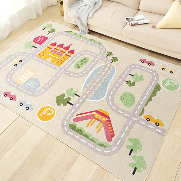 Lisslune | Beautiful car-printed carpet multicolor cotton blend area rug non-slip stain-resistant easy-care indoor rug for children