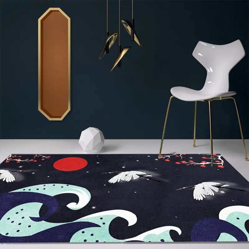 Lisslune | Nordic Crane Pattern Rug Multi-Color Synthetic Area Rug Pet-Friendly Easy Maintenance Stain-Resistant Carpet for Room
